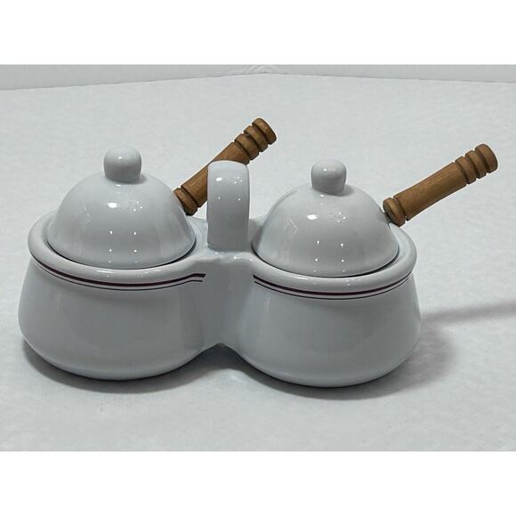 VTG Houston Harvest Ceramic Double Condiment/Jelly Bowls, White W/ Fruit Design - Picture 3 of 10